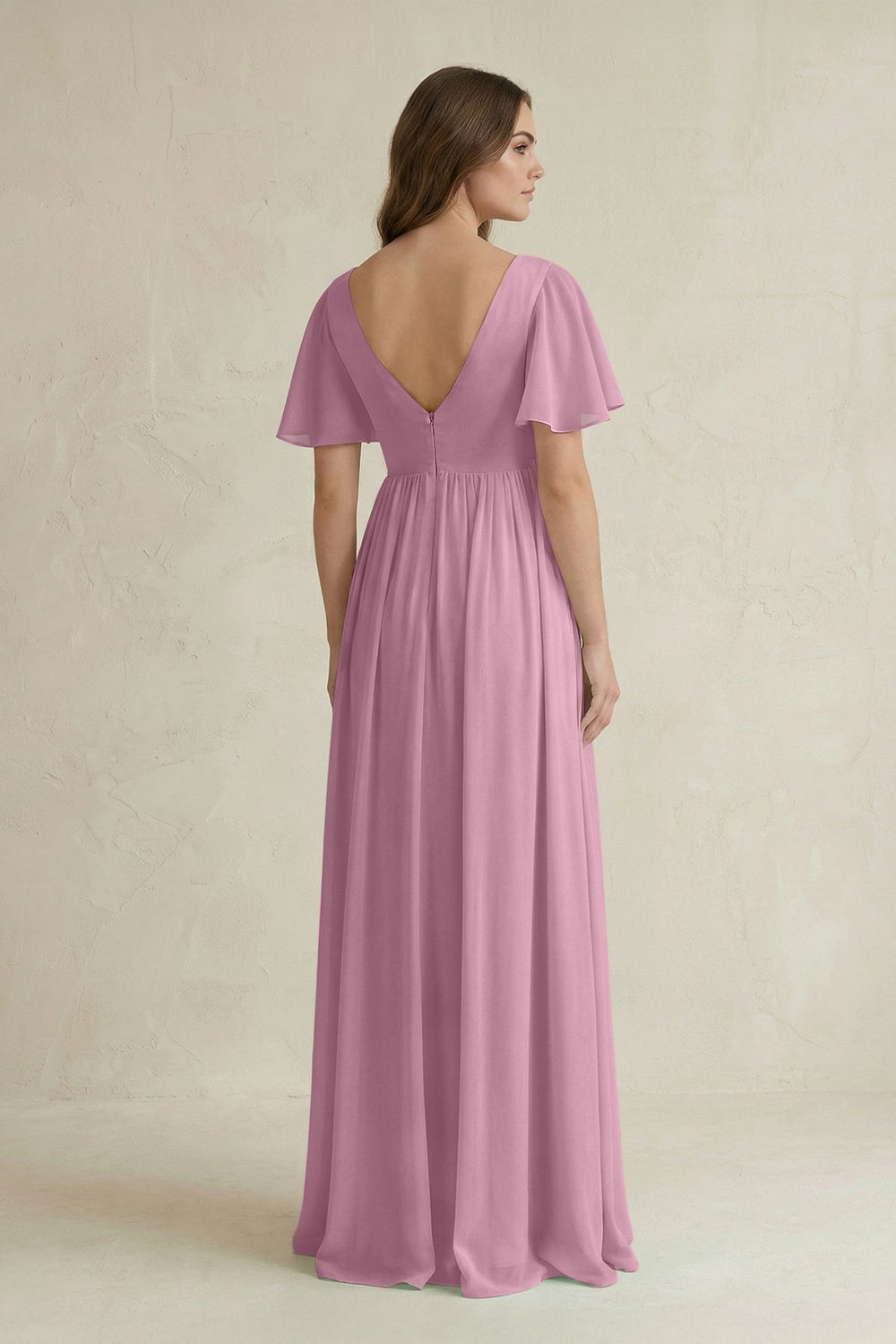 Short Sleeve V - Neck A - Line Chiffon Bridesmaid Dress in Vintage Mauve - KissProm Bridesmaid Dresses