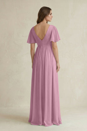 Short Sleeve V - Neck A - Line Chiffon Bridesmaid Dress in Vintage Mauve - KissProm Bridesmaid Dresses