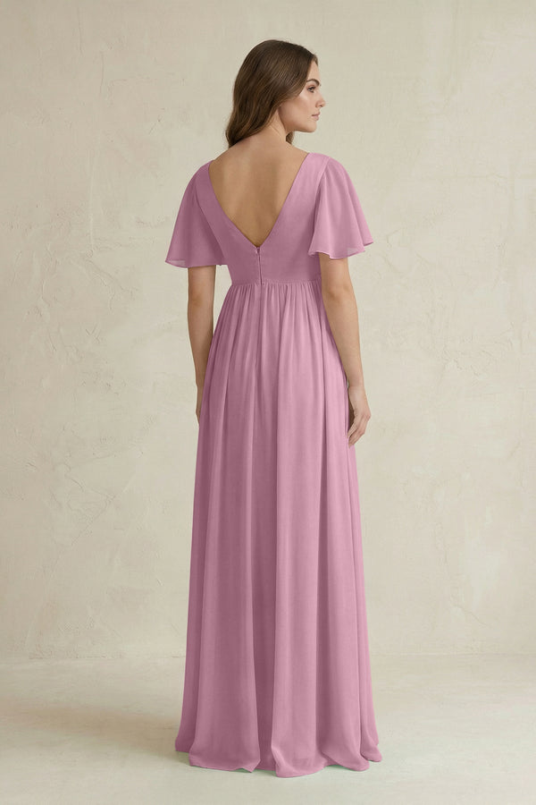 Short Sleeve V - Neck A - Line Chiffon Bridesmaid Dress in Vintage Mauve - KissProm Bridesmaid Dresses