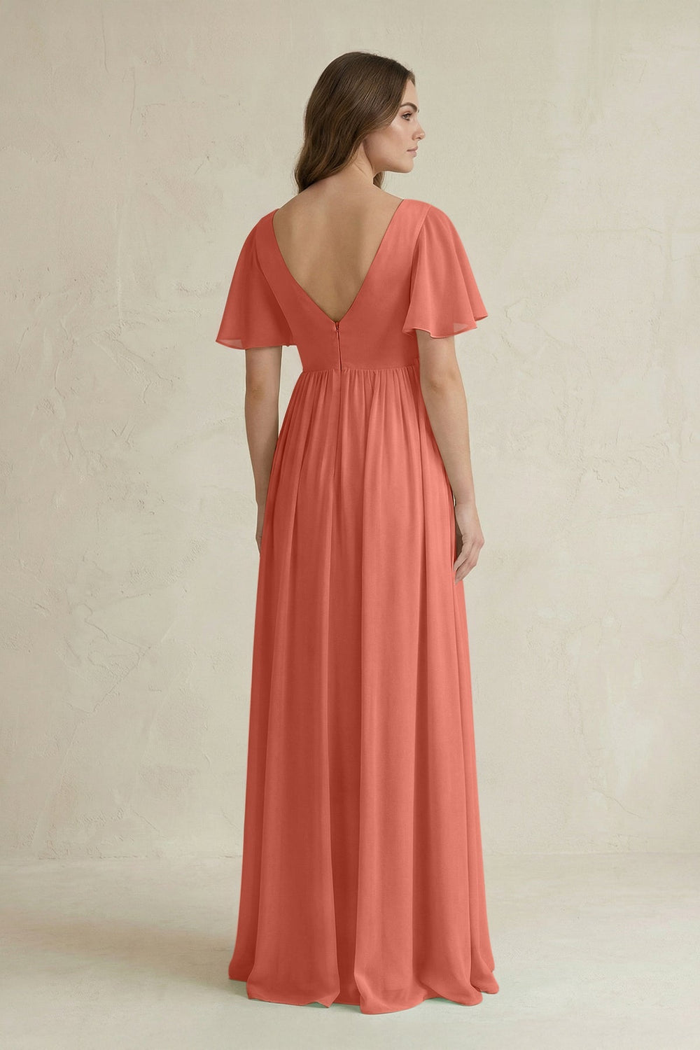 Short Sleeve V - Neck A - Line Chiffon Bridesmaid Dress in Wild Rose - KissProm Bridesmaid Dresses