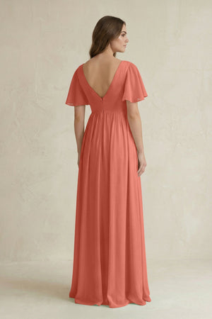 Short Sleeve V - Neck A - Line Chiffon Bridesmaid Dress in Wild Rose - KissProm Bridesmaid Dresses