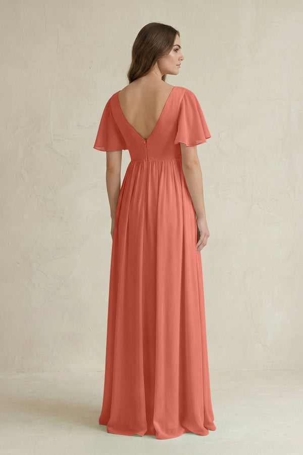 Short Sleeve V - Neck A - Line Chiffon Bridesmaid Dress in Wild Rose - KissProm Bridesmaid Dresses