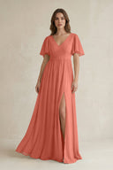 Short Sleeve V - Neck A - Line Chiffon Bridesmaid Dress in Wild Rose - KissProm Bridesmaid Dresses