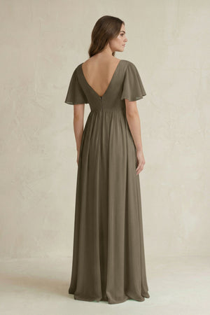 Short Sleeve V - Neck A - Line Chiffon Bridesmaid Dress in Willow Green - KissProm Bridesmaid Dresses
