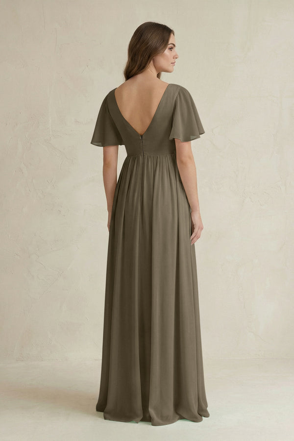 Short Sleeve V - Neck A - Line Chiffon Bridesmaid Dress in Willow Green - KissProm Bridesmaid Dresses