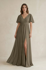 Short Sleeve V - Neck A - Line Chiffon Bridesmaid Dress in Willow Green - KissProm Bridesmaid Dresses