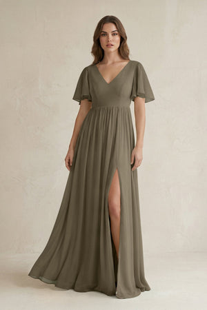 Short Sleeve V - Neck A - Line Chiffon Bridesmaid Dress in Willow Green - KissProm Bridesmaid Dresses