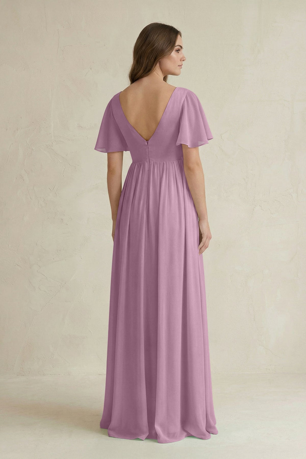 Short Sleeve V - Neck A - Line Chiffon Bridesmaid Dress in Wisteria - KissProm Bridesmaid Dresses