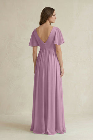 Short Sleeve V - Neck A - Line Chiffon Bridesmaid Dress in Wisteria - KissProm Bridesmaid Dresses