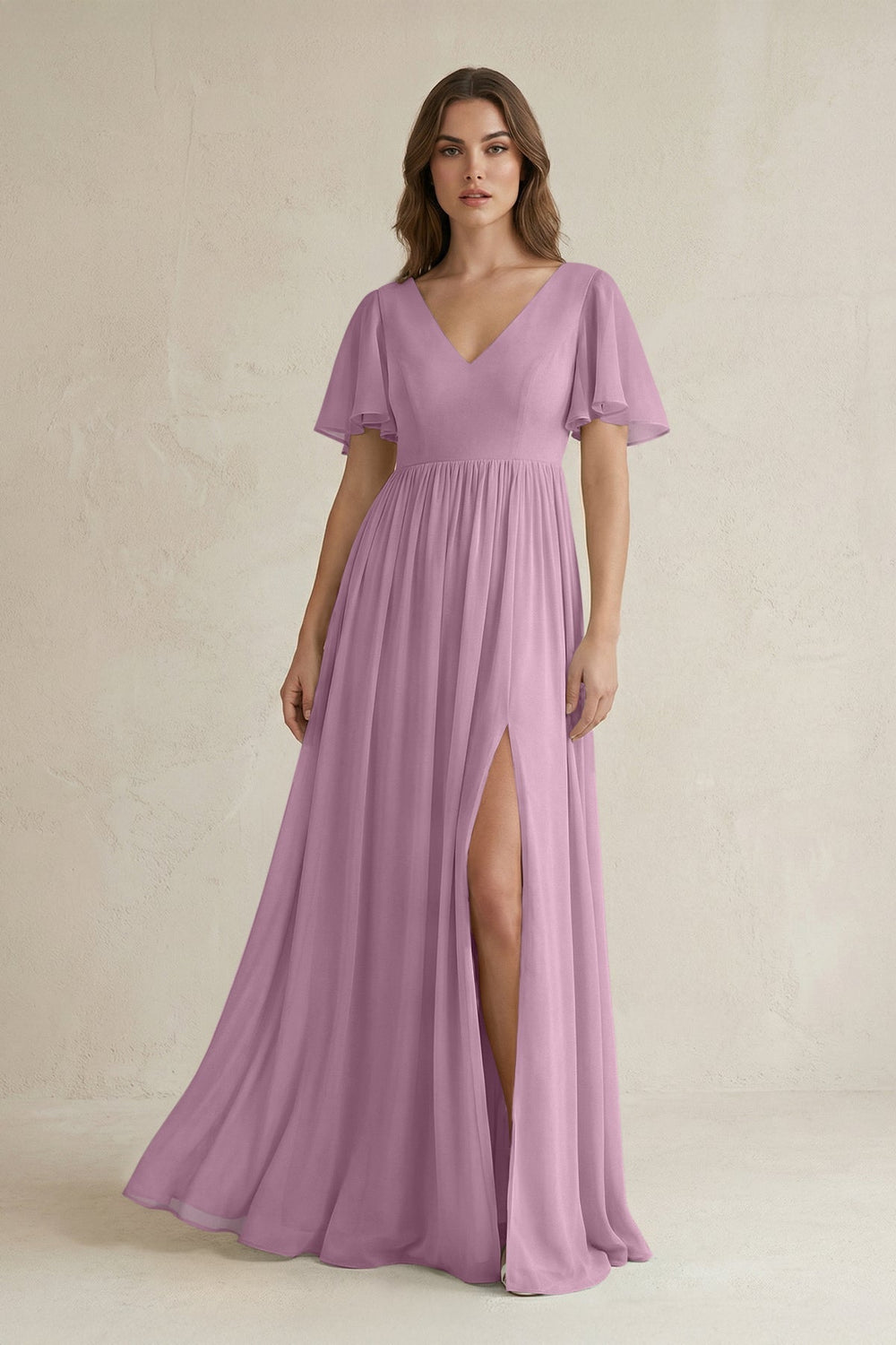 Short Sleeve V - Neck A - Line Chiffon Bridesmaid Dress in Wisteria - KissProm Bridesmaid Dresses