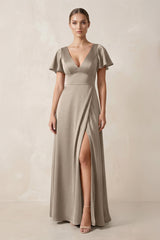 Short Sleeve V - Neck A - Line Satin Bridesmaid Dress With Slit in Almond - KissProm Bridesmaid Dresses