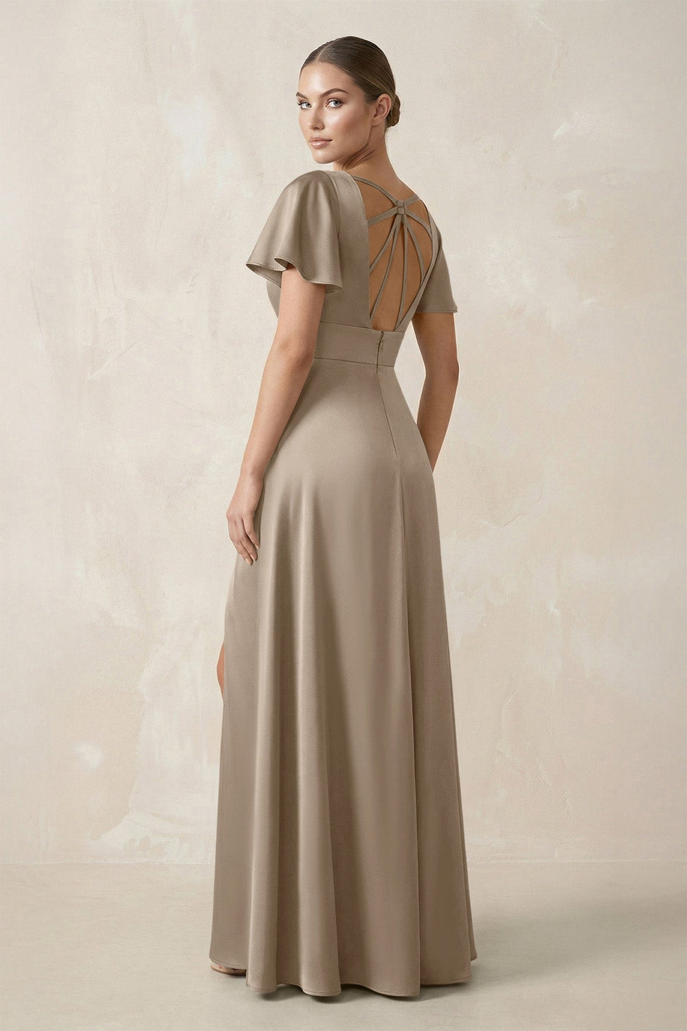 Short Sleeve V - Neck A - Line Satin Bridesmaid Dress With Slit in Almond - KissProm Bridesmaid Dresses