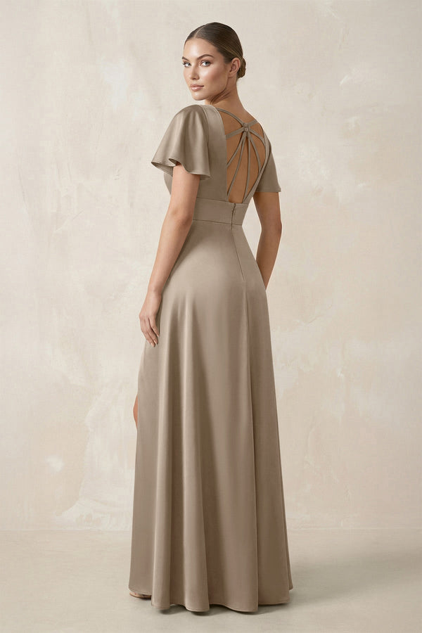 Short Sleeve V - Neck A - Line Satin Bridesmaid Dress With Slit in Almond - KissProm Bridesmaid Dresses