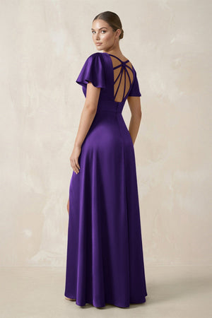 Short Sleeve V - Neck A - Line Satin Bridesmaid Dress With Slit in Amethyst - KissProm Bridesmaid Dresses