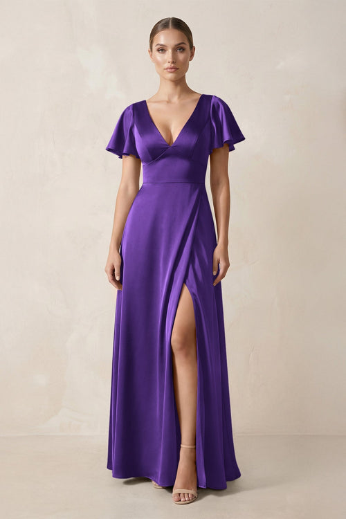 Short Sleeve V - Neck A - Line Satin Bridesmaid Dress With Slit in Amethyst - KissProm Bridesmaid Dresses