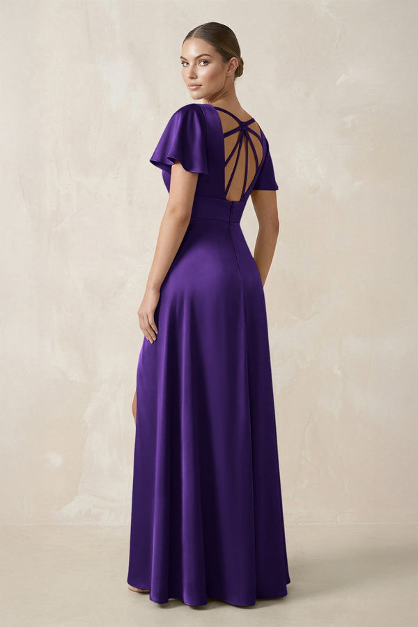 Short Sleeve V - Neck A - Line Satin Bridesmaid Dress With Slit in Amethyst - KissProm Bridesmaid Dresses