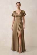 Short Sleeve V - Neck A - Line Satin Bridesmaid Dress With Slit in Apple Cinnamon - KissProm Bridesmaid Dresses
