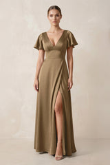 Short Sleeve V - Neck A - Line Satin Bridesmaid Dress With Slit in Apple Cinnamon - KissProm Bridesmaid Dresses