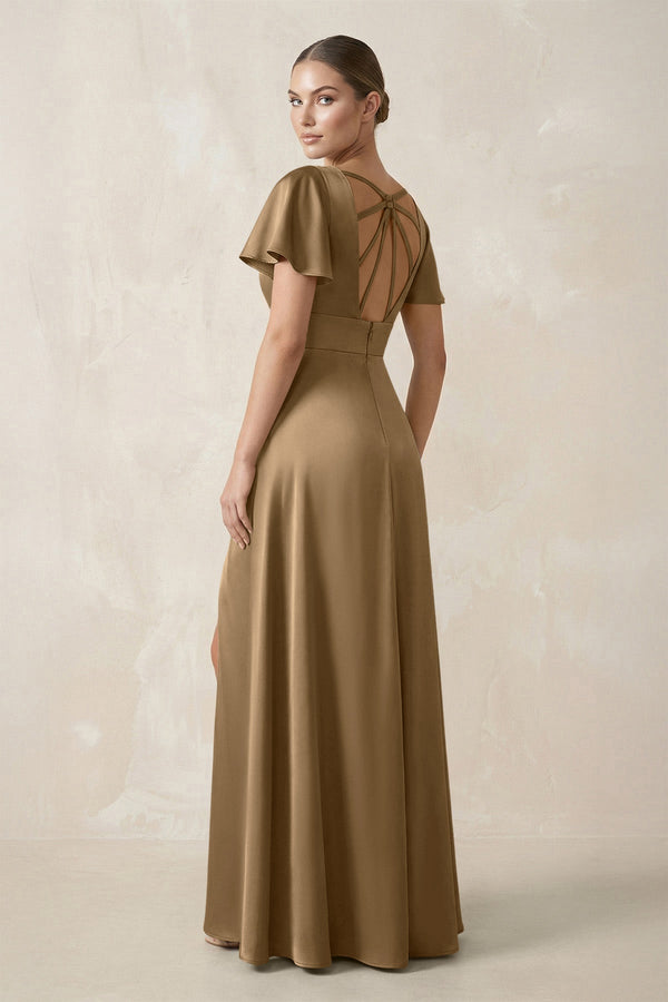 Short Sleeve V - Neck A - Line Satin Bridesmaid Dress With Slit in Apple Cinnamon - KissProm Bridesmaid Dresses