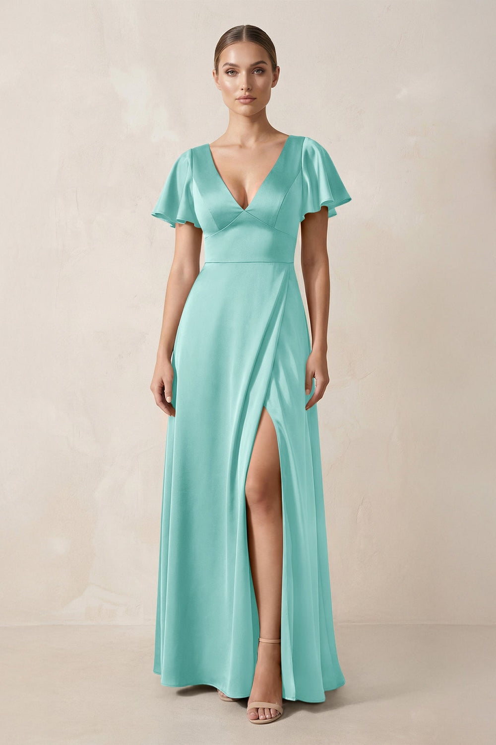 Short Sleeve V - Neck A - Line Satin Bridesmaid Dress With Slit in Aqua - KissProm Bridesmaid Dresses