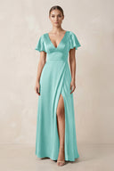 Short Sleeve V - Neck A - Line Satin Bridesmaid Dress With Slit in Aqua - KissProm Bridesmaid Dresses