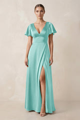 Short Sleeve V - Neck A - Line Satin Bridesmaid Dress With Slit in Aqua - KissProm Bridesmaid Dresses