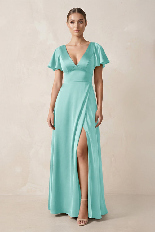 Short Sleeve V - Neck A - Line Satin Bridesmaid Dress With Slit in Aqua - KissProm Bridesmaid Dresses