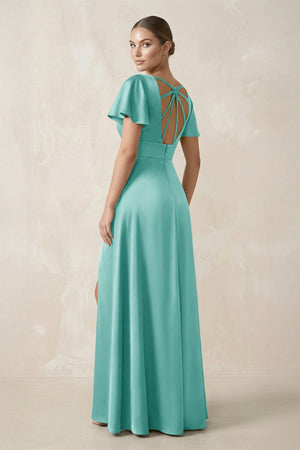 Short Sleeve V - Neck A - Line Satin Bridesmaid Dress With Slit in Aqua - KissProm Bridesmaid Dresses