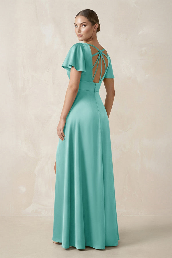 Short Sleeve V - Neck A - Line Satin Bridesmaid Dress With Slit in Aqua - KissProm Bridesmaid Dresses
