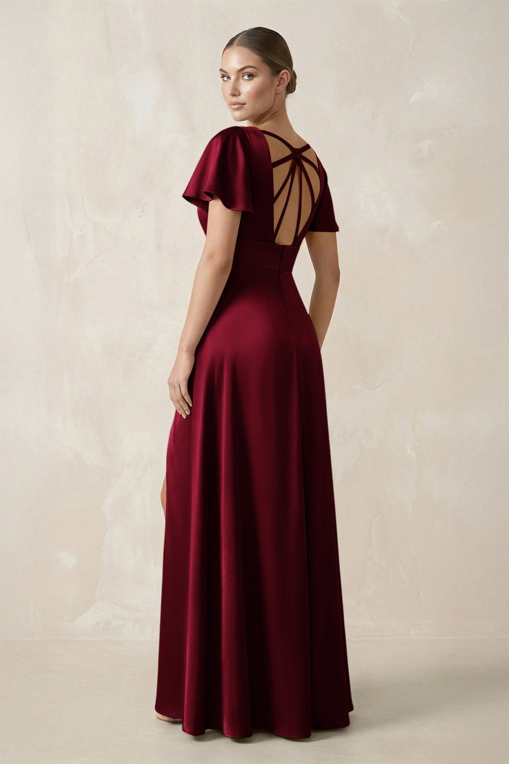 Short Sleeve V - Neck A - Line Satin Bridesmaid Dress With Slit in Berry - KissProm Bridesmaid Dresses