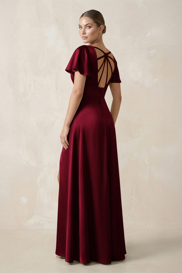 Short Sleeve V - Neck A - Line Satin Bridesmaid Dress With Slit in Berry - KissProm Bridesmaid Dresses