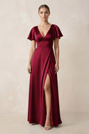 Short Sleeve V - Neck A - Line Satin Bridesmaid Dress With Slit in Berry - KissProm Bridesmaid Dresses