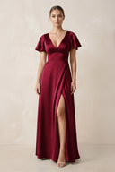 Short Sleeve V - Neck A - Line Satin Bridesmaid Dress With Slit in Berry - KissProm Bridesmaid Dresses
