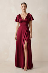 Short Sleeve V - Neck A - Line Satin Bridesmaid Dress With Slit in Berry - KissProm Bridesmaid Dresses
