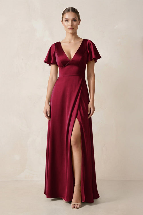 Short Sleeve V - Neck A - Line Satin Bridesmaid Dress With Slit in Berry - KissProm Bridesmaid Dresses
