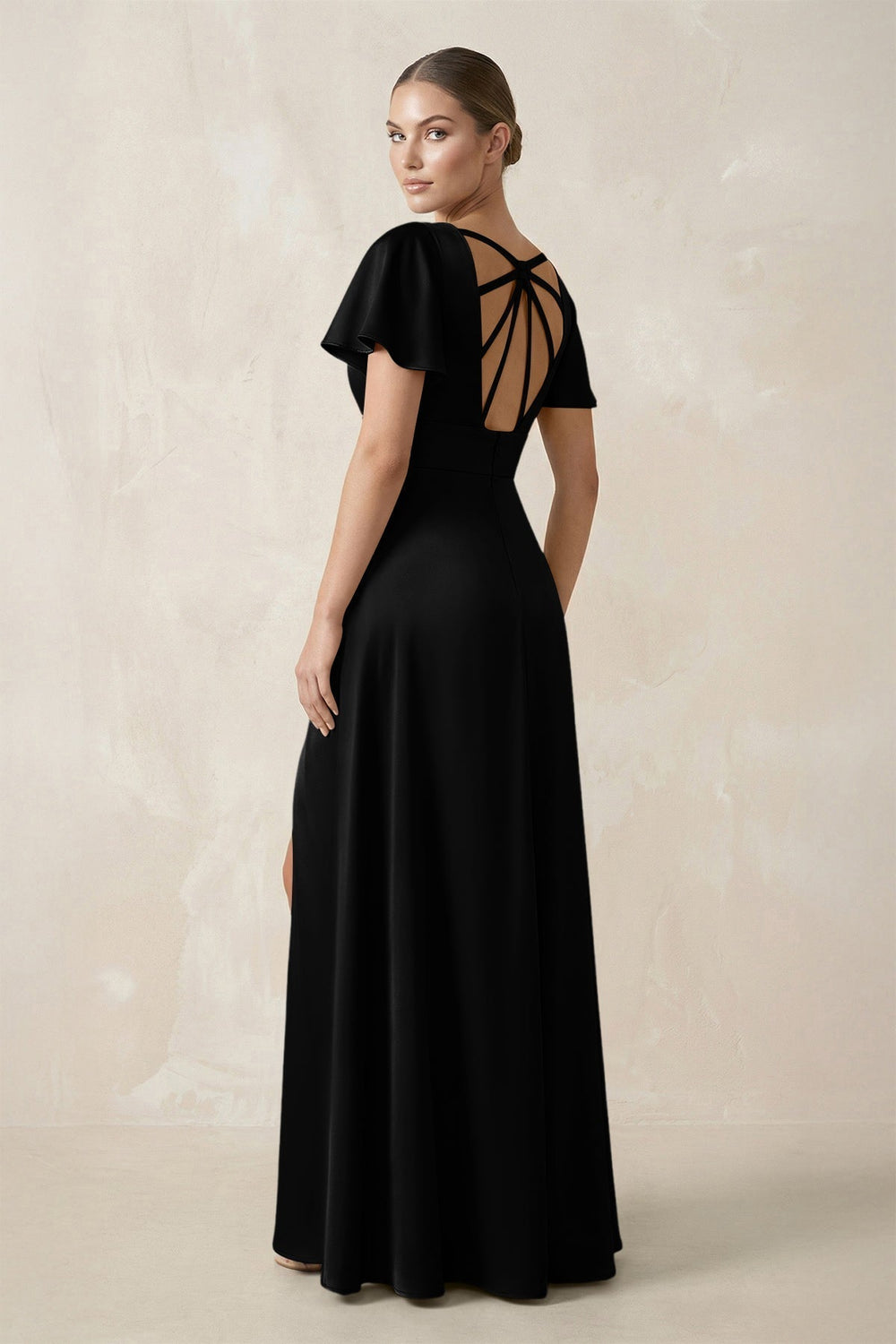 Short Sleeve V - Neck A - Line Satin Bridesmaid Dress With Slit in Black - KissProm Bridesmaid Dresses