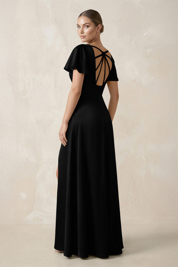 Short Sleeve V - Neck A - Line Satin Bridesmaid Dress With Slit in Black - KissProm Bridesmaid Dresses
