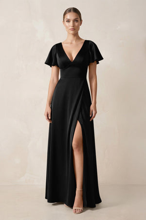 Short Sleeve V - Neck A - Line Satin Bridesmaid Dress With Slit in Black - KissProm Bridesmaid Dresses