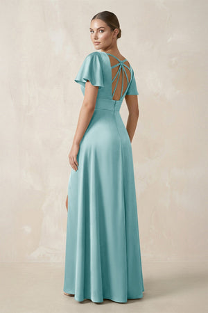 Short Sleeve V - Neck A - Line Satin Bridesmaid Dress With Slit in Bleached Aqua - KissProm Bridesmaid Dresses