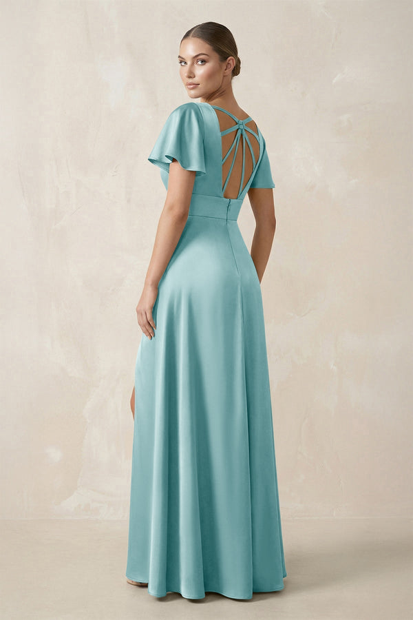 Short Sleeve V - Neck A - Line Satin Bridesmaid Dress With Slit in Bleached Aqua - KissProm Bridesmaid Dresses