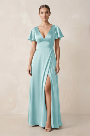 Short Sleeve V - Neck A - Line Satin Bridesmaid Dress With Slit in Bleached Aqua - KissProm Bridesmaid Dresses