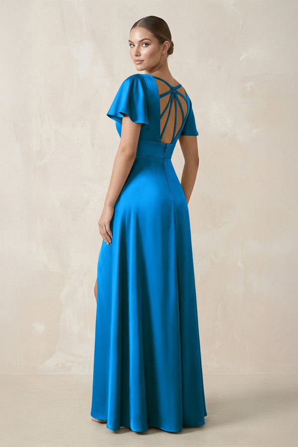 Short Sleeve V - Neck A - Line Satin Bridesmaid Dress With Slit in Blue Jay - KissProm Bridesmaid Dresses