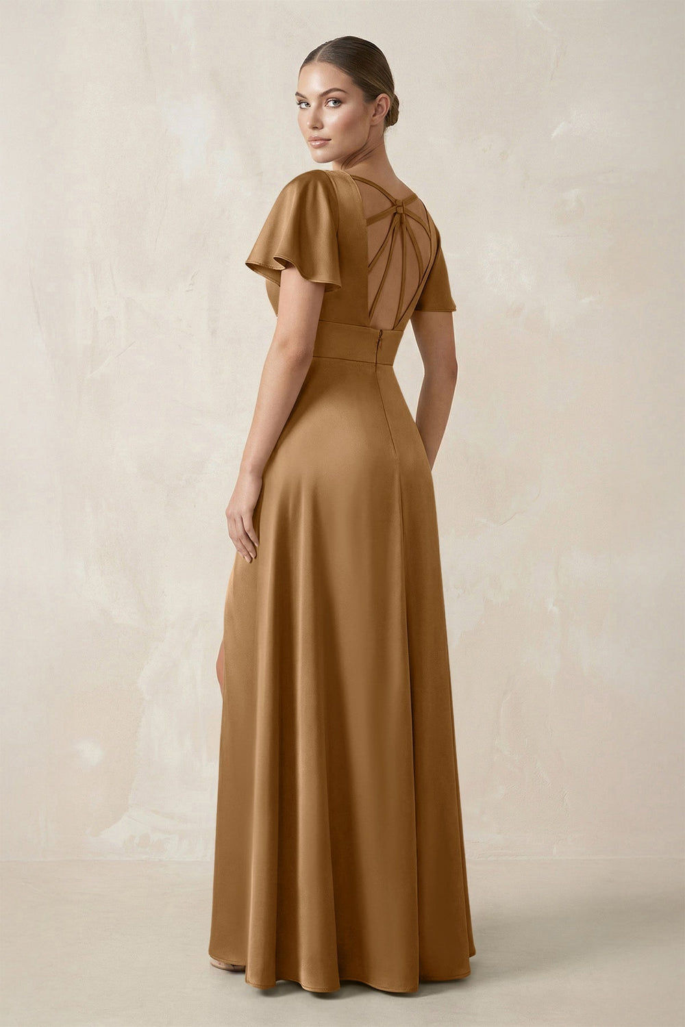 Short Sleeve V - Neck A - Line Satin Bridesmaid Dress With Slit in Bronzer - KissProm Bridesmaid Dresses