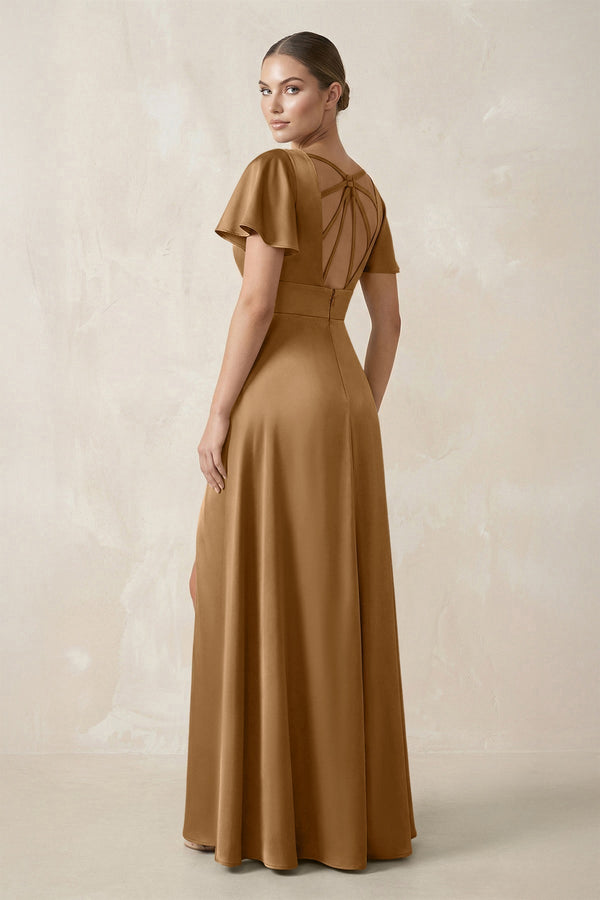 Short Sleeve V - Neck A - Line Satin Bridesmaid Dress With Slit in Bronzer - KissProm Bridesmaid Dresses