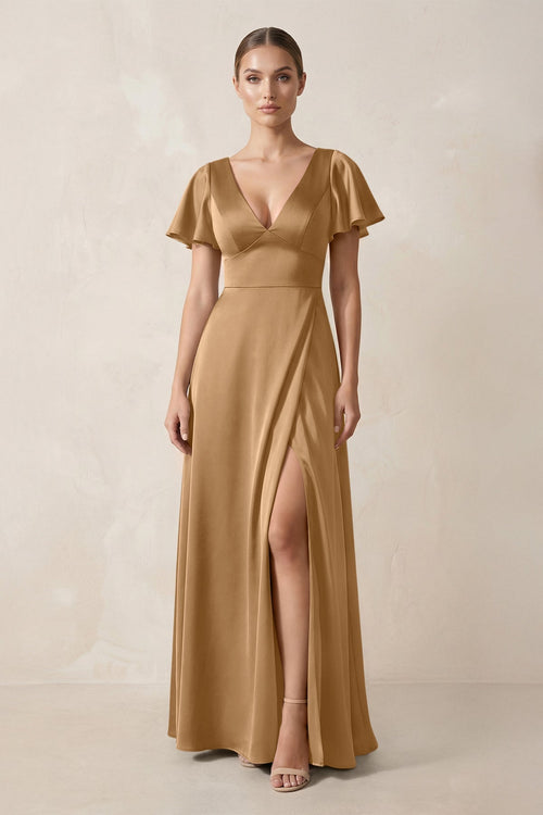 Short Sleeve V - Neck A - Line Satin Bridesmaid Dress With Slit in Bronzer - KissProm Bridesmaid Dresses