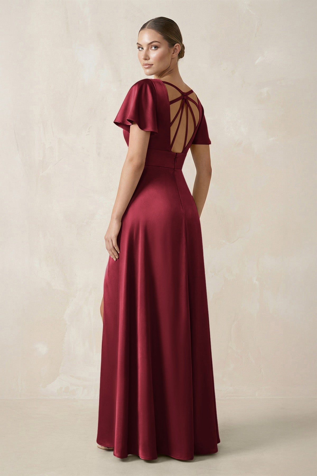 KissProm Short Sleeve V-Neck A-Line Satin Bridesmaid Dress With Slit in Burgundy, Burgundy / 22