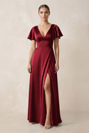 Short Sleeve V - Neck A - Line Satin Bridesmaid Dress With Slit in Burgundy - KissProm Bridesmaid Dresses