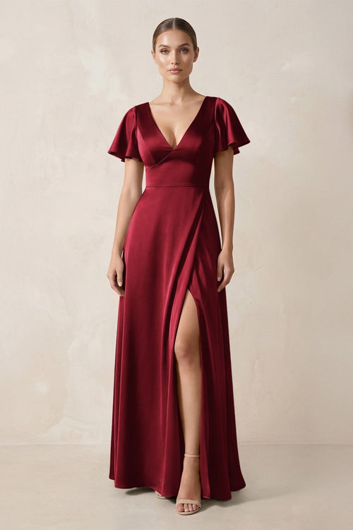 Short Sleeve V - Neck A - Line Satin Bridesmaid Dress With Slit in Burgundy - KissProm Bridesmaid Dresses