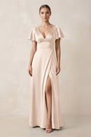 Short Sleeve V - Neck A - Line Satin Bridesmaid Dress With Slit in Buttercream - KissProm Bridesmaid Dresses