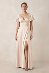 Short Sleeve V - Neck A - Line Satin Bridesmaid Dress With Slit in Buttercream - KissProm Bridesmaid Dresses